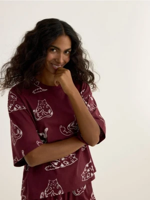 Reserved - Dwuczęściowa piżama w koty - mahoniowy