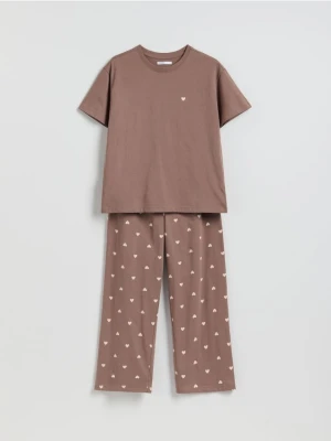 Reserved - Dwuczęściowa piżama w serca - brązowy