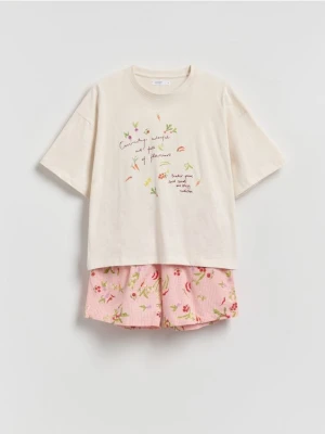 Reserved - Dwuczęściowa piżama z bawełny - kremowy