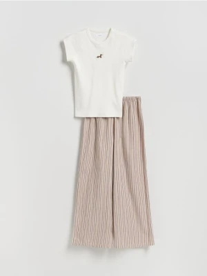 Reserved - Dwuczęściowa piżama z haftem - kremowy