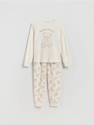 Reserved - Dwuczęściowa piżama z haftem - złamana biel