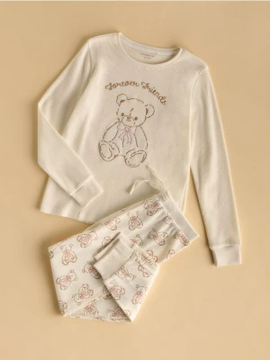 Reserved - Dwuczęściowa piżama z haftem - złamana biel