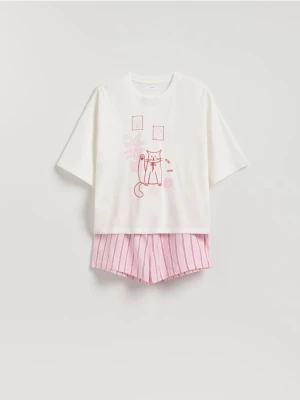 Reserved - Dwuczęściowa piżama z kotem - różowy