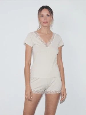Reserved - Dwuczęściowa piżama z wiskozą - kremowy