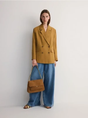 Reserved - Dwurzędowa marynarka oversize z lyocellem - warm olive