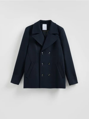 Reserved - Dwurzędowy płaszcz z dodatkiem wełny - granatowy