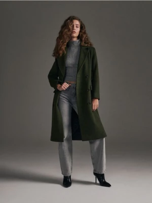 Reserved - Dwurzędowy płaszcz z wełną - ciemnozielony
