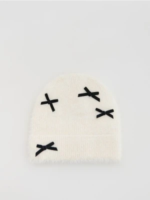 Reserved - Dzianinowa czapka z kokardkami - złamana biel