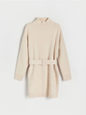 Reserved - Dzianinowa sukienka z paskiem - kremowy