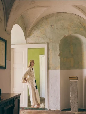 Reserved - Garniturowe spodnie z szyfonową wstawką - kremowy