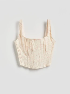 Reserved - Gorsetowy biustonosz z koronką - kremowy