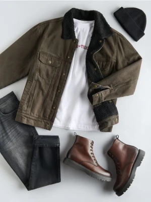 Reserved - Jeansowa kurtka sherpa - brązowy