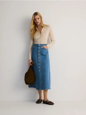 Reserved - Jeansowa spódnica midi z guzikami - niebieski