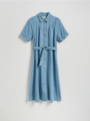 Reserved - Jeansowa sukienka midi z paskiem - niebieski