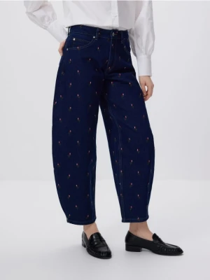 Reserved - Jeansy barrel leg z haftem - granatowy