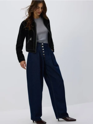 Reserved - Jeansy barrel z zakładkami - granatowy