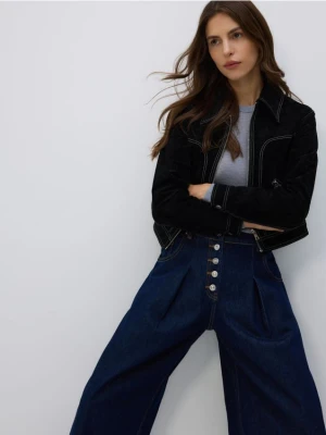 Reserved - Jeansy barrel z zakładkami - granatowy