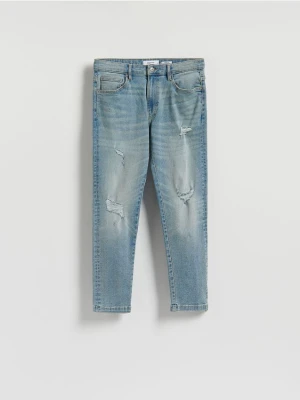 Reserved - Jeansy carrot slim z przetarciami - niebieski