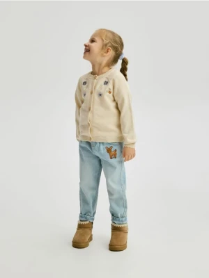 Reserved - Jeansy paperbag z haftem - niebieski