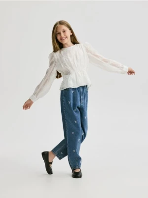 Reserved - Jeansy paperbag z haftem - niebieski