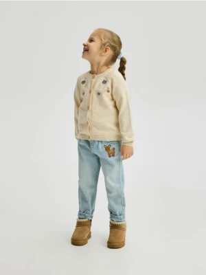 Reserved - Jeansy paperbag z haftem - niebieski