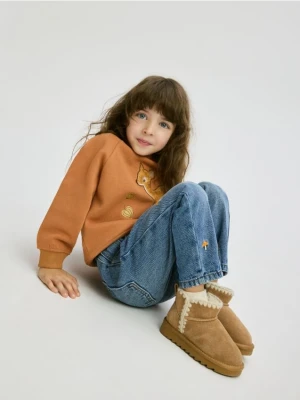 Reserved - Jeansy paperbag z haftem - niebieski