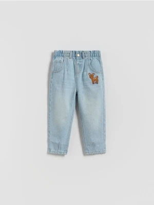 Reserved - Jeansy paperbag z haftem - niebieski