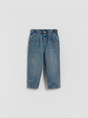 Reserved - Jeansy paperbag z haftem - niebieski