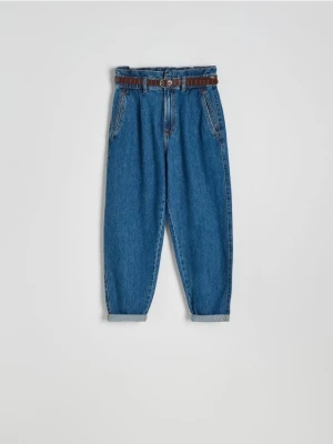 Reserved - Jeansy paperbag z paskiem - granatowy