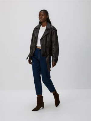 Reserved - Jeansy paperbag z paskiem - granatowy