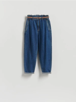 Reserved - Jeansy paperbag z paskiem - granatowy