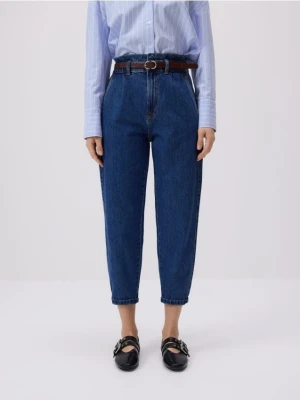 Reserved - Jeansy paperbag z paskiem - granatowy
