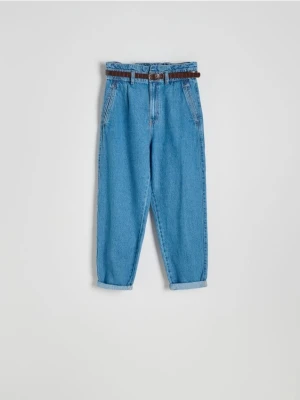 Reserved - Jeansy paperbag z paskiem - niebieski