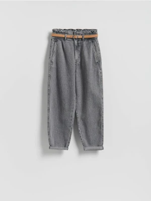 Reserved - Jeansy paperbag z paskiem - szary