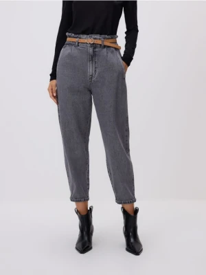 Reserved - Jeansy paperbag z paskiem - szary