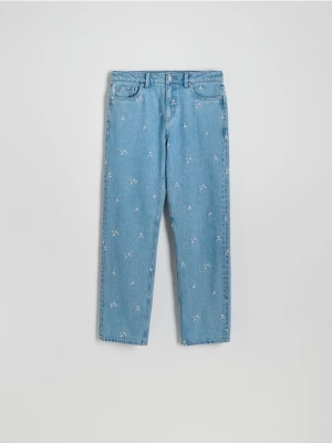 Reserved - Jeansy straight leg z haftem - niebieski