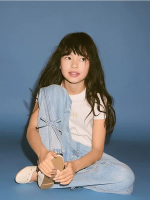 Reserved - Jeansy straight z kokardkami - niebieski