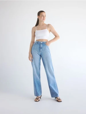 Reserved - Jeansy straight z ozdobnymi aplikacjami - niebieski