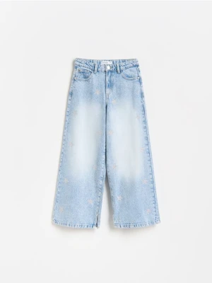 Reserved - Jeansy super wide leg w gwiazdki - niebieski