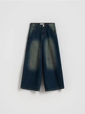 Reserved - Jeansy super wide leg z aplikacją - granatowy