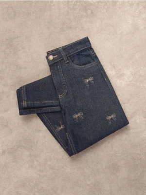 Reserved - Jeansy super wide leg z haftem - granatowy