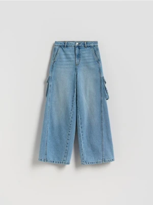 Reserved - Jeansy super wide leg z kieszeniami cargo - niebieski