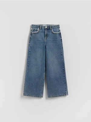 Reserved - Jeansy super wide leg z koronką - granatowy