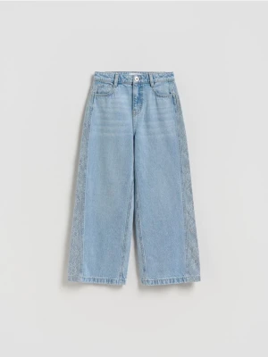 Reserved - Jeansy super wide leg z koronką - niebieski