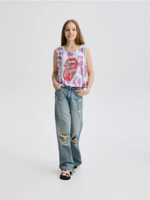 Reserved - Jeansy super wide leg z przetarciami - indigo jeans