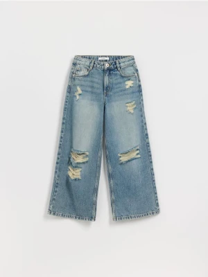 Reserved - Jeansy super wide leg z przetarciami - indigo jeans