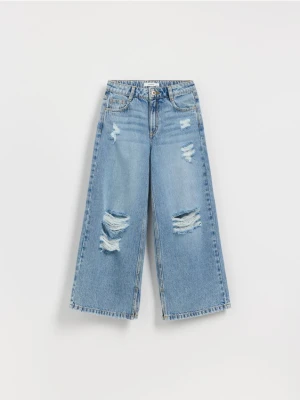 Reserved - Jeansy super wide leg z przetarciami - niebieski