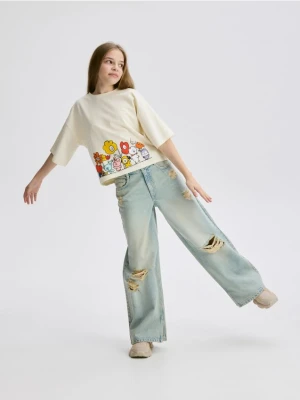 Reserved - Jeansy super wide leg z przetarciami - niebieski