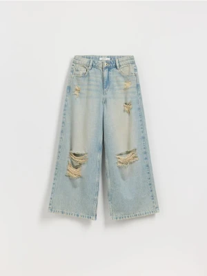 Reserved - Jeansy super wide leg z przetarciami - niebieski