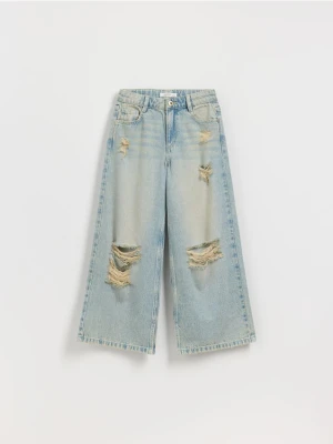 Reserved - Jeansy super wide leg z przetarciami - niebieski